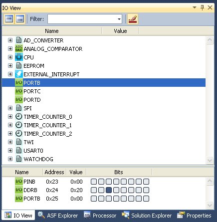 IO View showing PORTB inputs/outputs, which includes Arduino pin 13 as "bit 5"