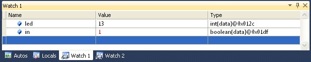 The result of a QuickWatch of both "led" and "in", which has just changed to 1