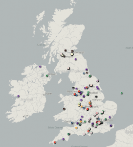 A map showing geographical distribution of people who attended Cetis events. Note that this is also an example of an "outlier" indicating an error somewhere - look NE of East Anglia.